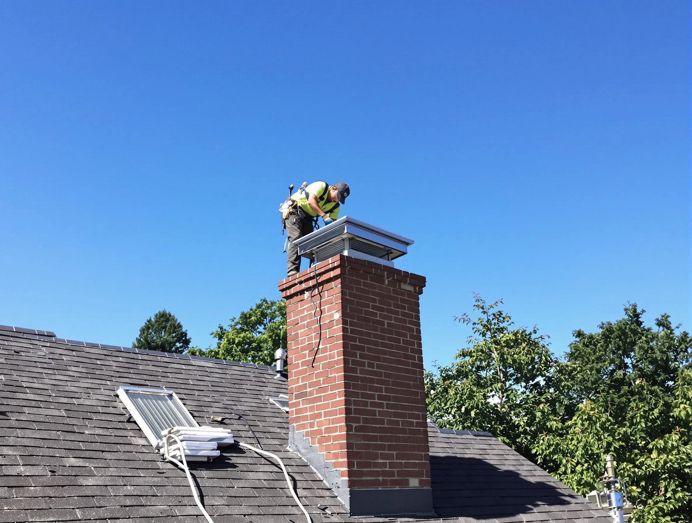 Piscataway Chimney Sweep technician measuring a chimney cap in Piscataway, NJ